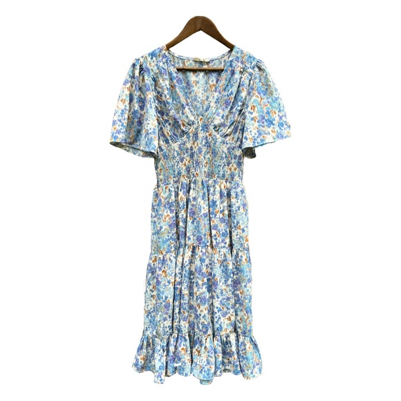 Tiered Abstract Floral Print Maxi Sundress Shirred Waist Flowy Sleeves by Entro - Picture 2 of 6